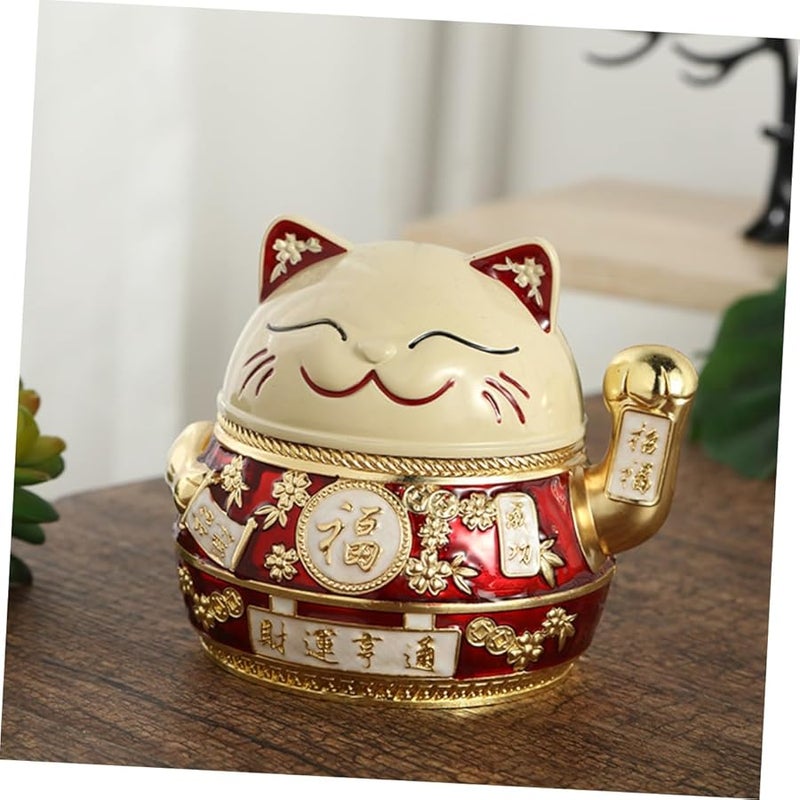 صينية سجائر كلاسيكية مقاومة للرياح بغطاء بتصميم قط الحظ، مصنوعة من السبائك لتزيين المنزل - Image 5